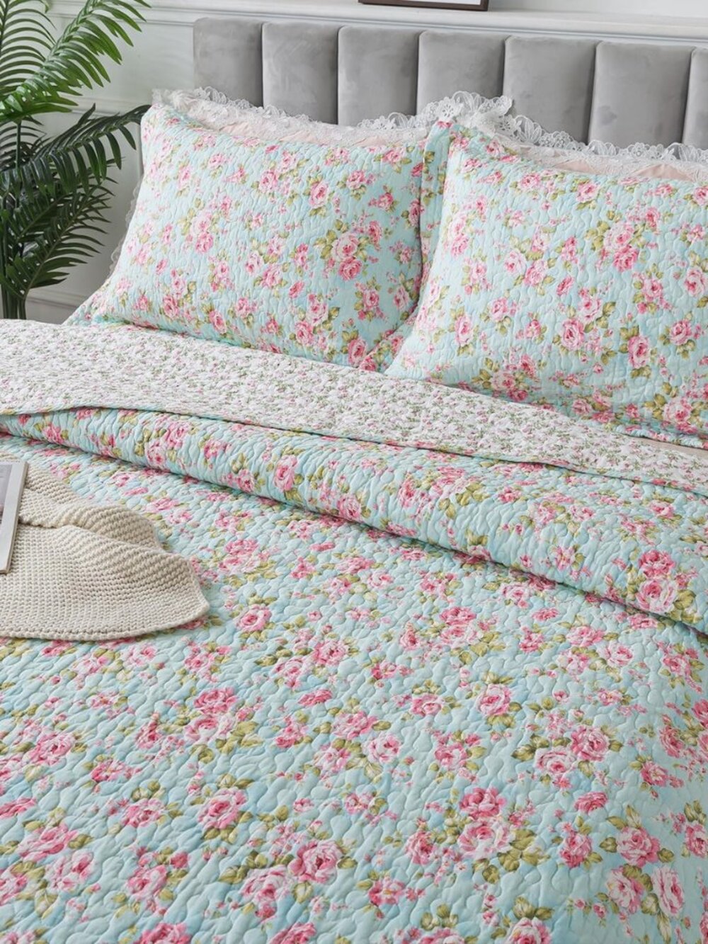 Aqua Blue Floral Cotton Quilt Set Full Vintage Rose Bedding 3PC